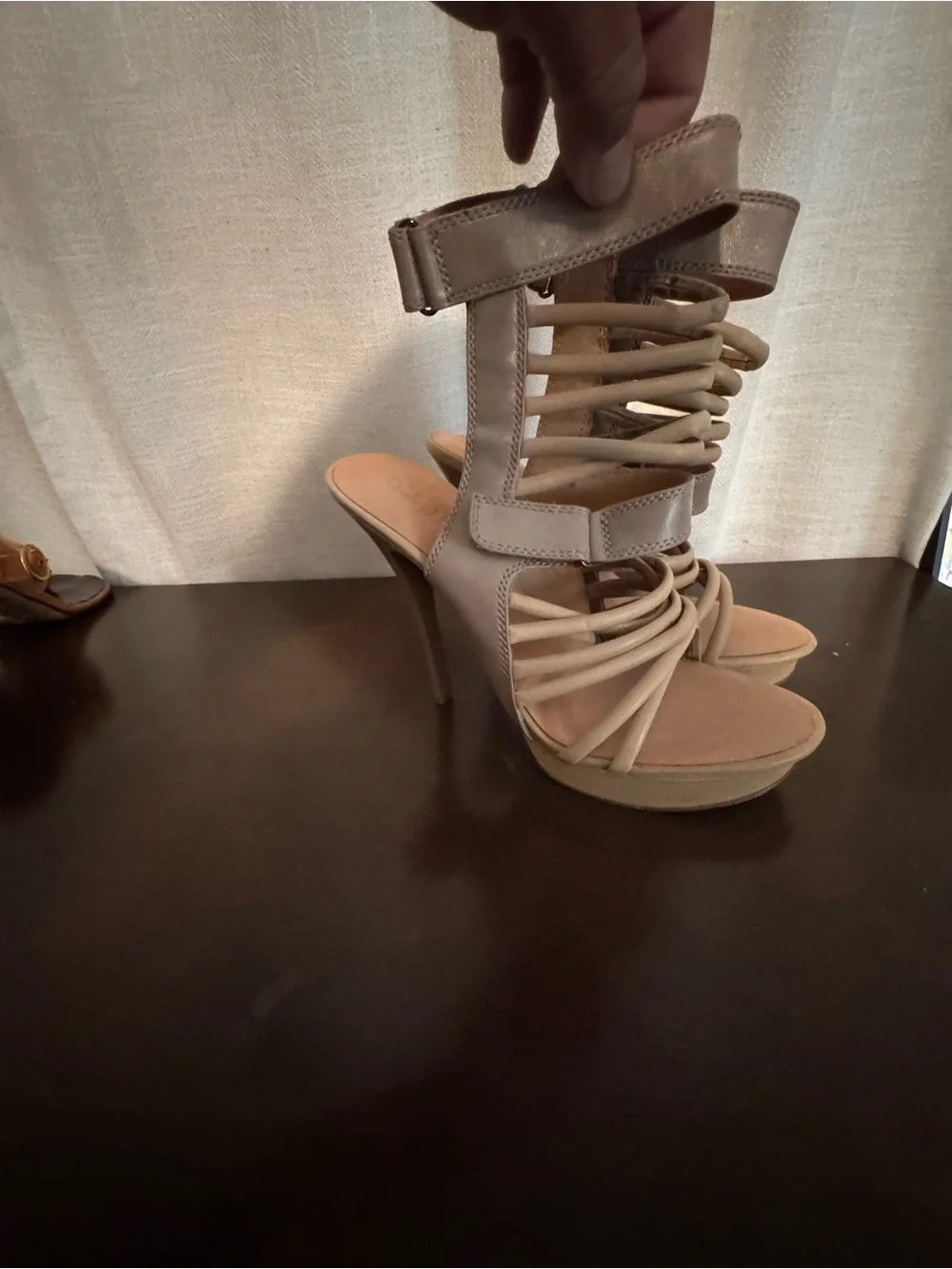 L.A.M.B. Strappy High Heel Sandals in Taupe